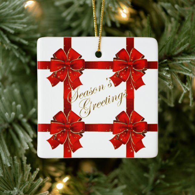 Sparkling Red Bow Season's Greetings Photo Ceramic Ornament (Tree)