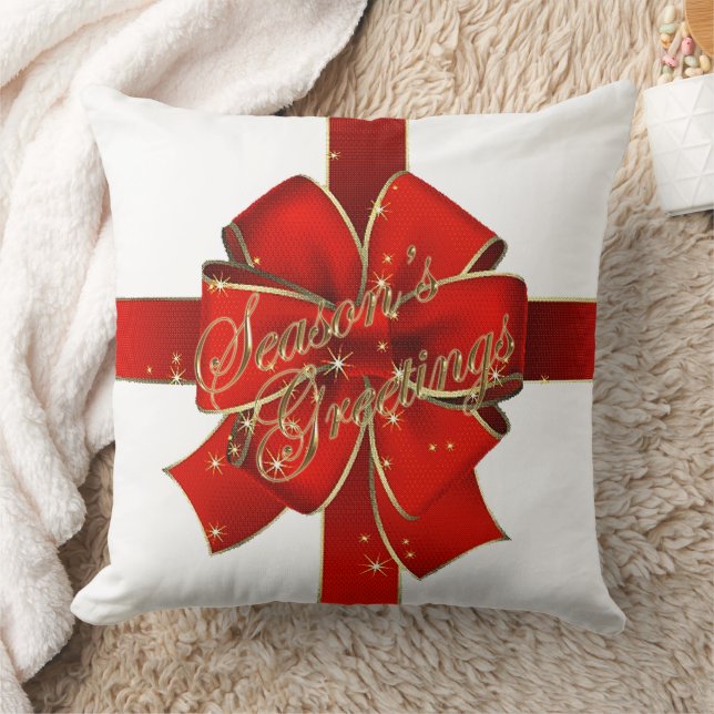 Sparkling Red Bow Season's Greetings Throw Pillow (Blanket)
