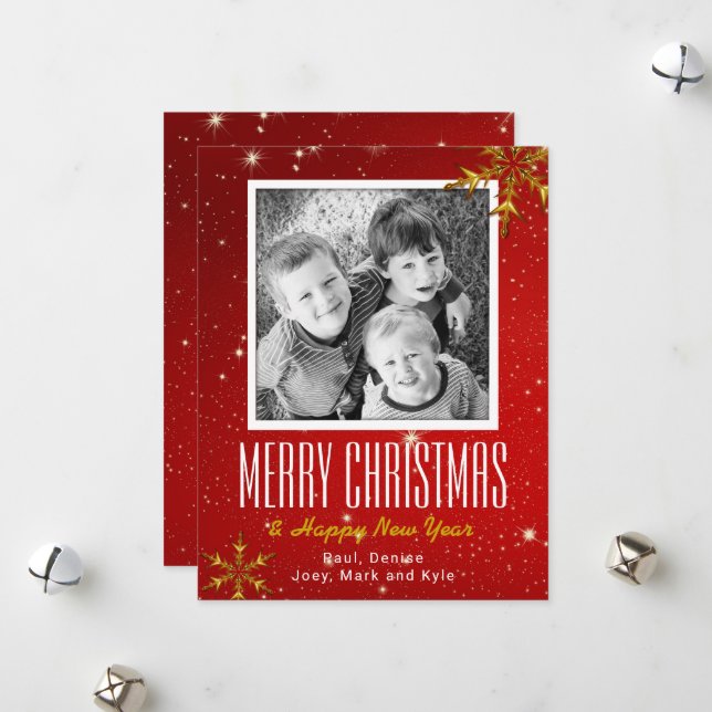 Sparkling Red Gold Flat Photo Christmas Cards (Front/Back In Situ)