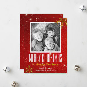 Sparkling Red Gold Flat Photo Christmas Cards