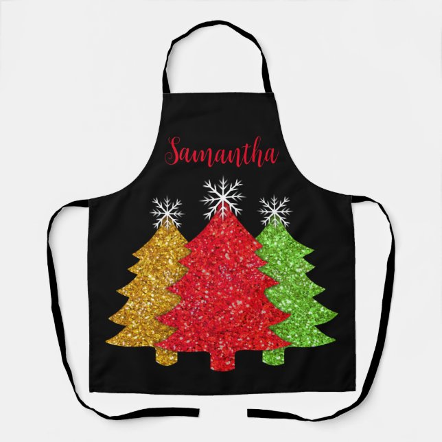 Sparkling red gold green Christmas tree snowflake Apron (Front)