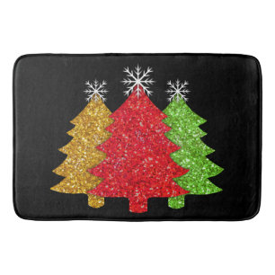 Sparkling red gold green Christmas tree snowflake Bath Mat