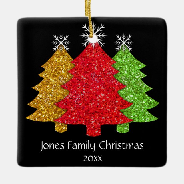 Sparkling red gold green Christmas tree snowflake Ceramic Ornament (Front)