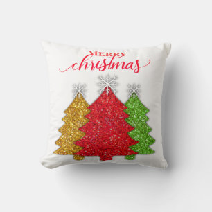 Sparkling red gold green Christmas tree snowflake Cushion