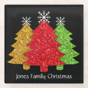 Sparkling red gold green Christmas tree snowflake Glass Coaster