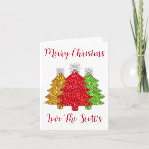 Sparkling red gold green Christmas tree snowflake Holiday Card