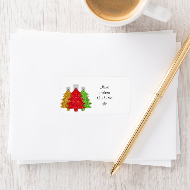 Sparkling red gold green Christmas tree snowflake Label (Insitu)