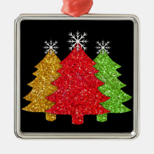 Sparkling red gold green Christmas tree snowflake Metal Ornament