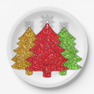 Sparkling red gold green Christmas tree snowflake Paper Plate