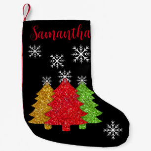 Sparkling red gold green Christmas tree snowflake Small Christmas Stocking