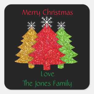 Sparkling red gold green Christmas tree snowflake Square Sticker