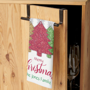 Sparkling red gold green Christmas tree snowflake Tea Towel