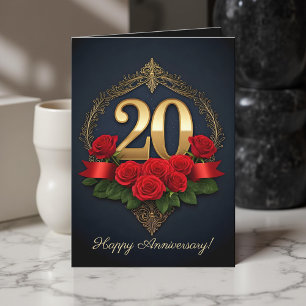Sparkling Red Roses Gold 20th Wedding Anniversary Card