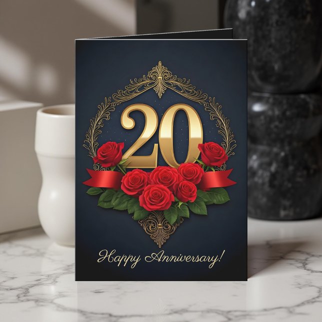 Sparkling Red Roses Gold 20th Wedding Anniversary Card (Creator Uploaded)