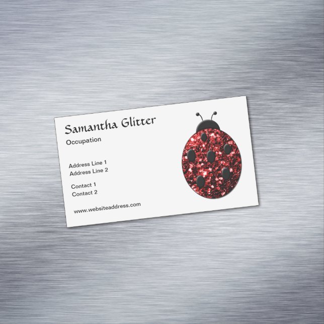 Sparkling red sparkles Ladybird Ladybug white Magnetic Business Card (In Situ)
