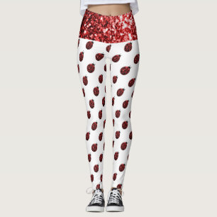 Sparkling red sparkles Ladybug pattern on white Leggings