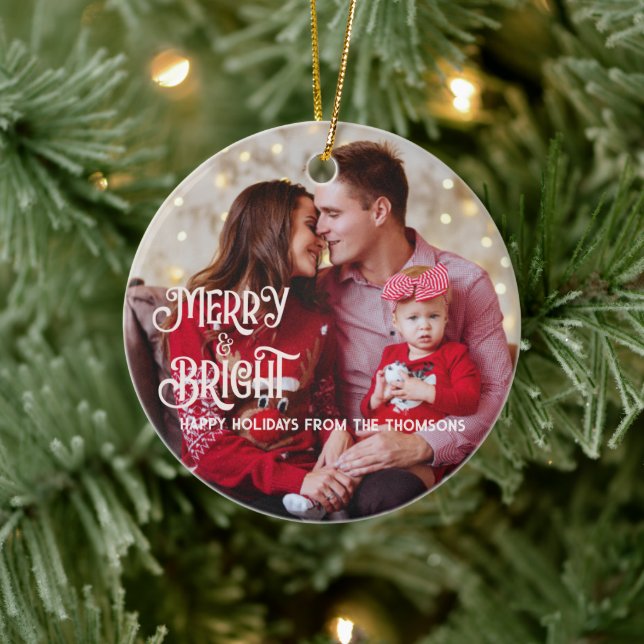 Sparkling Red Star Merry Bright Christmas  Ceramic Ornament (Tree)