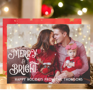 Sparkling Red Star Merry Bright Christmas Holiday Card