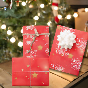 Sparkling Red Star Merry Christmas Wrapping Paper Sheet