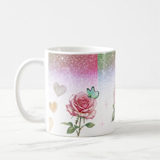 Sparkling Rose and Butterfly Coffee Mug (Left)