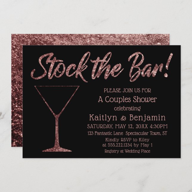 Sparkling Rose Gold Stock the Bar Couples Shower Invitation (Front/Back)