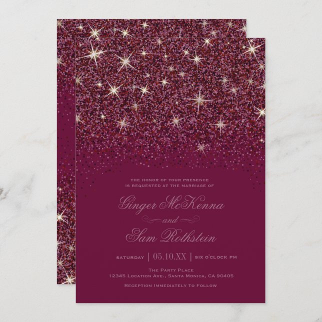 Sparkling Ruby Glitter Wedding Invitations (Front/Back)