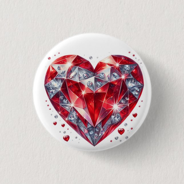 Sparkling Ruby Heart Button Badge – Romantic Red C (Front)
