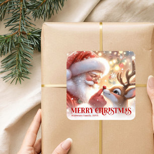 Sparkling Santa Rudolph Personalized Christmas Square Sticker