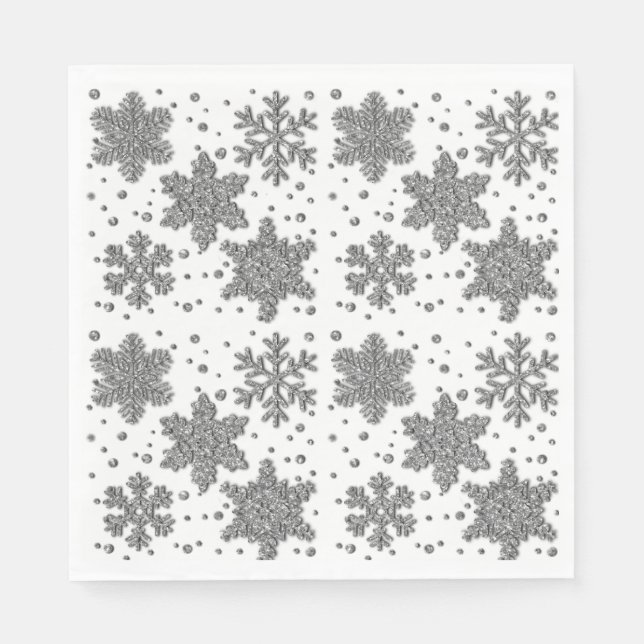 Sparkling silver tinsel snowflakes holiday pattern napkin (Front)