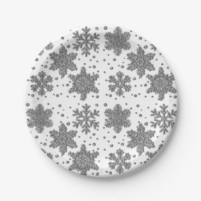 Sparkling silver tinsel snowflakes holiday pattern paper plate (Front)