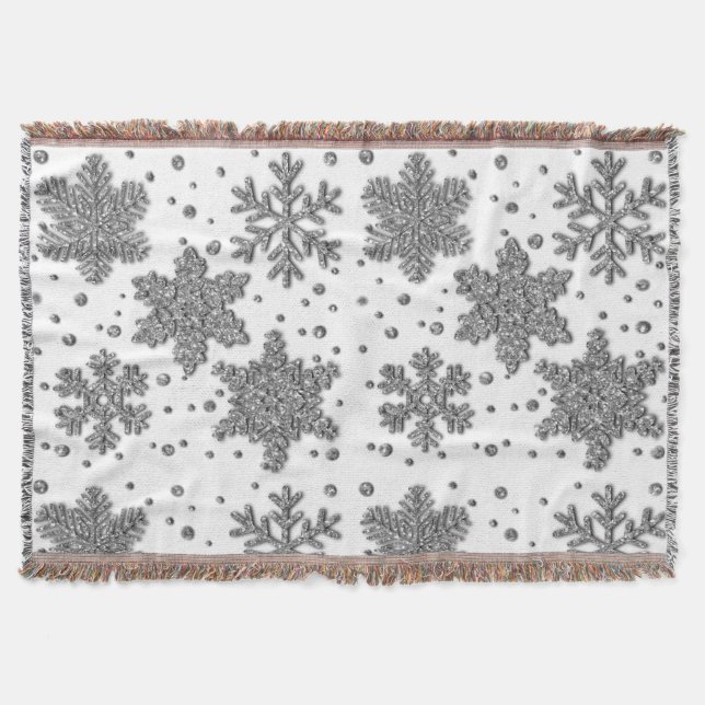 Sparkling silver tinsel snowflakes holiday pattern throw blanket (Front)