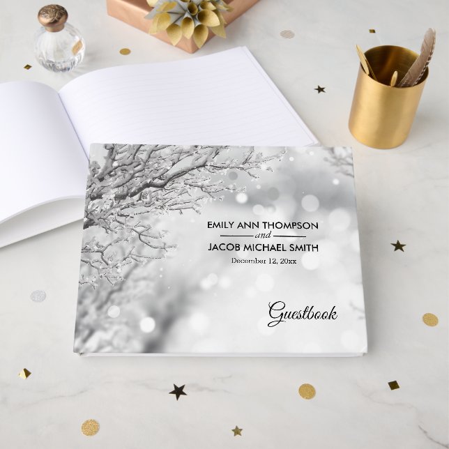 Sparkling Snow and Ice Winter Wedding Guest Book (Front Open)