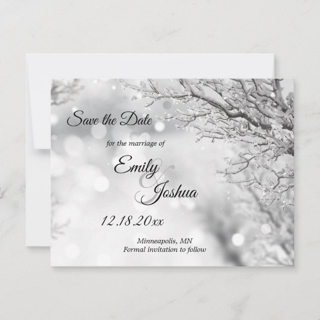 Sparkling Snow and Ice Winter Wedding Save The Date (Front)