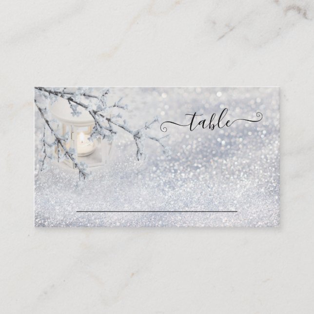 Sparkling Snow Lantern Winter Wedding Place Card (Front)