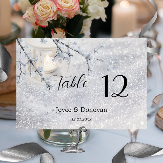 Sparkling Snow Lantern Winter Wedding Table Number (Winter table number card featuring a candle lit lantern in sparkling snow)