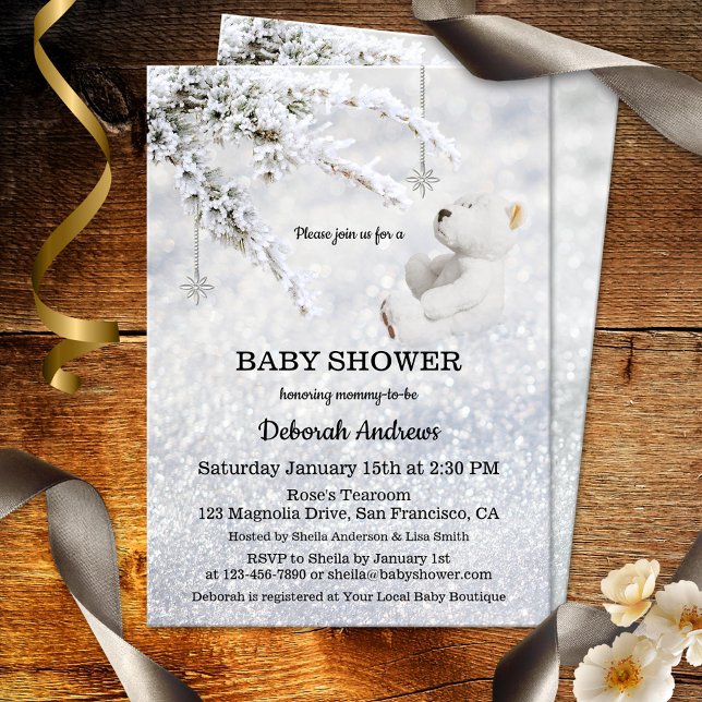 Sparkling Snow Winter Baby Shower Invitation (Dreamy and magical gender neutral baby shower invitation with a teddy bear in a sparkling snow scene)