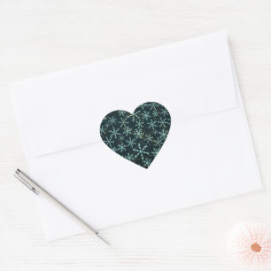 Sparkling Snowflakes White Blue in Black Night Sky Heart Sticker