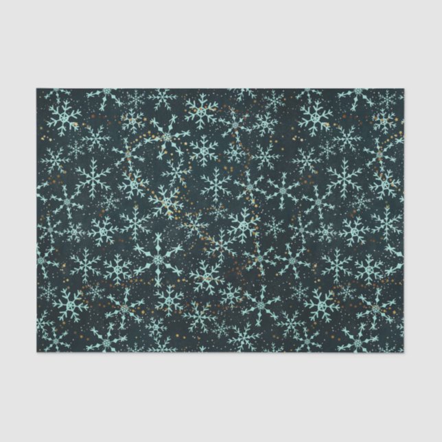 Sparkling Snowflakes White Blue in Black Night Sky Tissue Paper (Front)