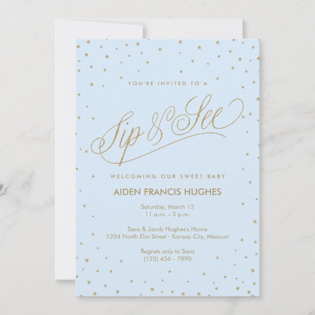 Sparkling Stars Blue Boy Baby Sip and See Invitation (Front)