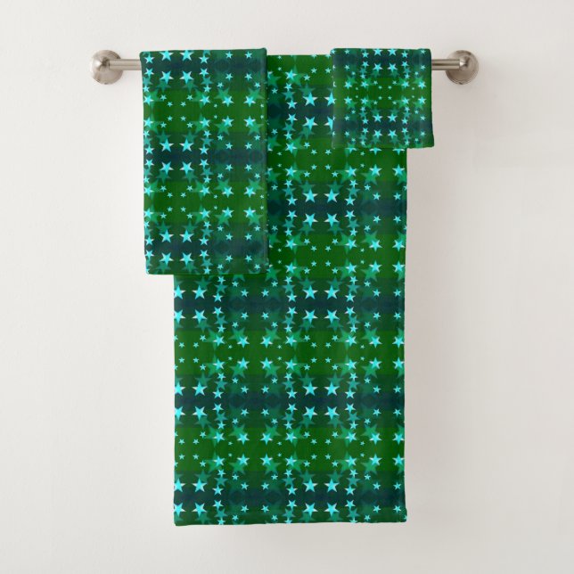 Sparkling Stars over Green & Blue Meshed Colours Bath Towel Set (Insitu)