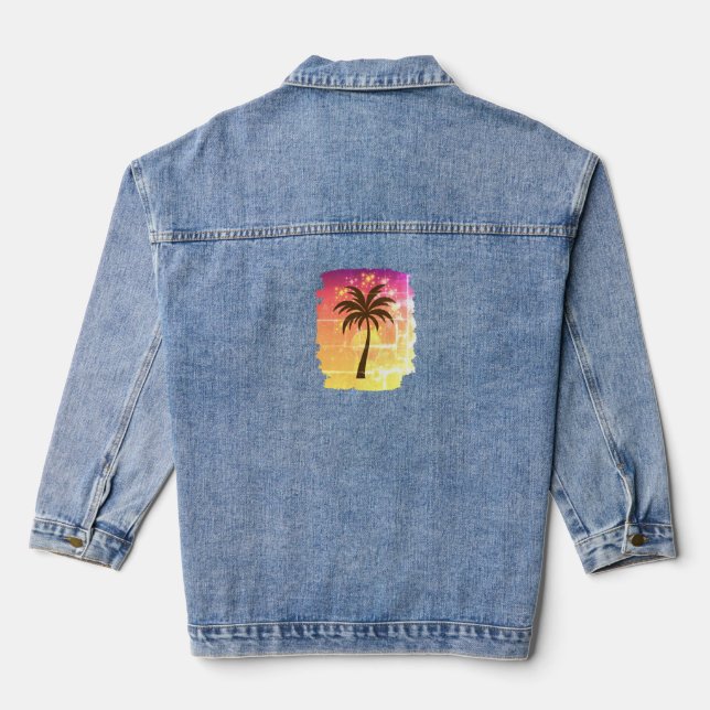 Sparkling Sunset Palm Tree | Tropical Paradise Sil Denim Jacket (Back)