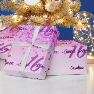 Sparkling Sweet 16 Falling Pink Glitter Wrapping Paper