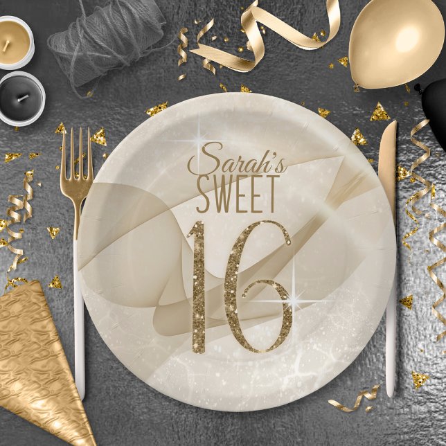 Sparkling Swirls Sweet Sixteen Gold ID652 Paper Plate (Creator Uploaded)