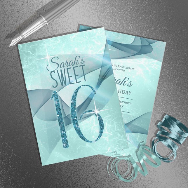 Sparkling Swirls Sweet Sixteen Teal ID652 Invitation (Creator Uploaded)