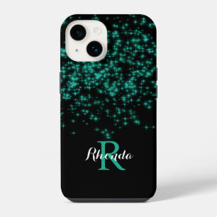 Sparkling Teal Ombre Glitter Star Black Background iPhone 14 Case