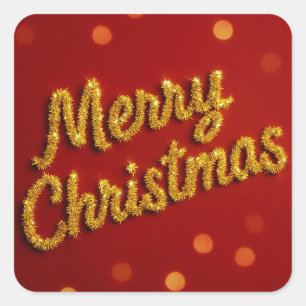 Sparkling Tinsel Merry Christmas Greeting Square Sticker