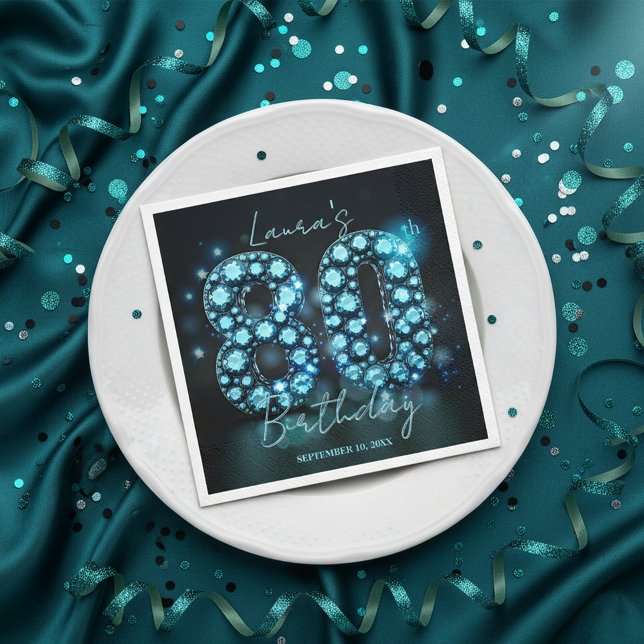 Sparkling Turquoise Black Diamond 80th Birthday Napkin (Creator Uploaded)