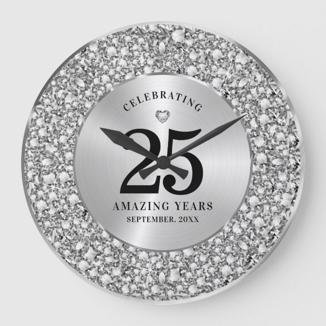 Sparkling White Diamonds 25th Wedding Anniversary  Large Clock (Front)