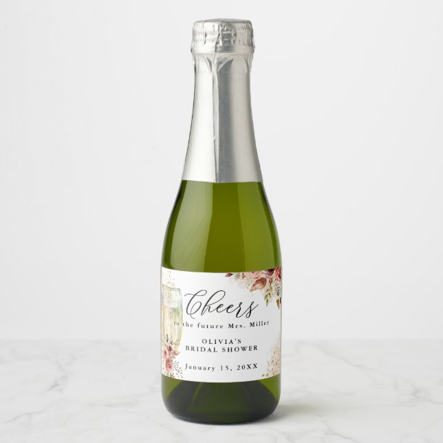 Sparkling Wine Glass Rust and Gold Bridal Shower Sparkling Wine Label (Front)