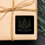 Sparkling Winter Pine Black Merry Christmas Square Sticker<br><div class="desc">Elegant Christmas stickers featuring snowy faux gold foil pine trees with a black background (or colour of your choice). "Merry Christmas" is displayed in a white, modern serif font with your name or custom text below. The personalised holiday stickers are perfect to use for sealing Christmas card envelopes, gift wrapping,...</div>